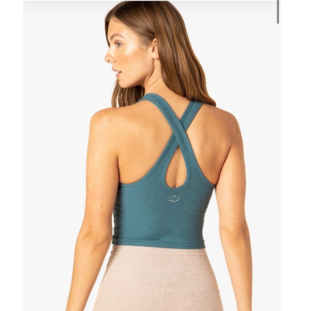 Beyond Yoga Slim Racerback Cropped Tank Womens L Blue Spacedye Crisscross Back